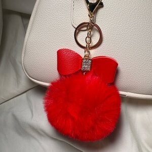❤️ Red Fluffy Rhinestone Bow Pom Pom Keychain Bag Charm